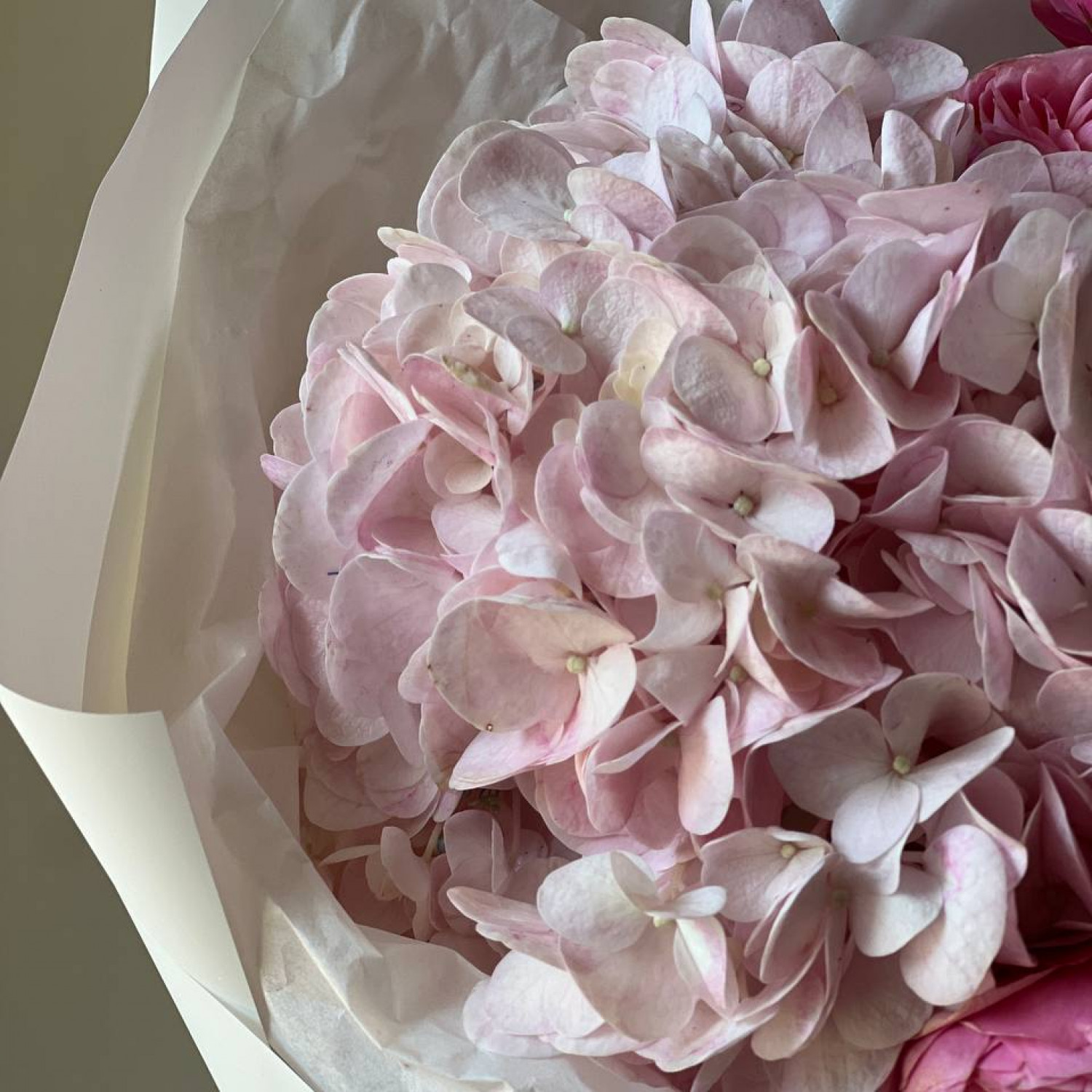 Нежный букет с гортензией и пионовидными розами